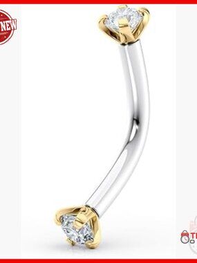 16G Curved Barbell Eyebrow Stud, 14K Gold Titanium, Cubic Zirconia,
